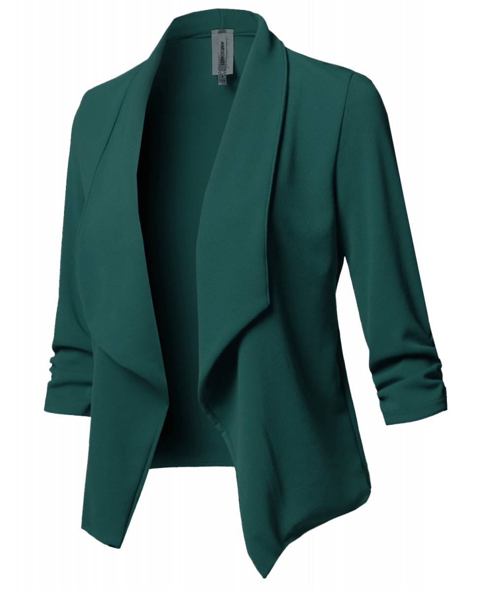 Women's Solid Stretch 3/4 Gathered Sleeve Open Blazer Jacket ...